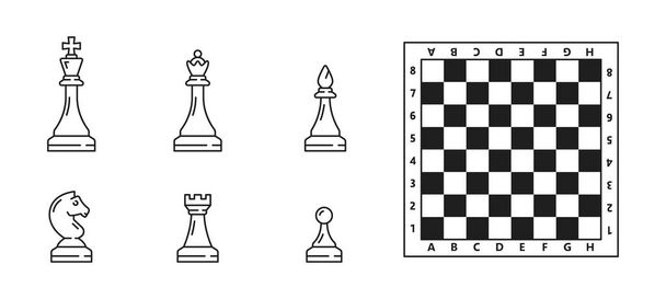 Šachové figurky ikony a deska, král, kůň, královna a rytíř kousky šachové partie. Vektorová šachovnice se figurkami figurkami pěšáka a zámku nebo biskupa věž v obrysu pro strategickou hru šachmat - Vektor, obrázek