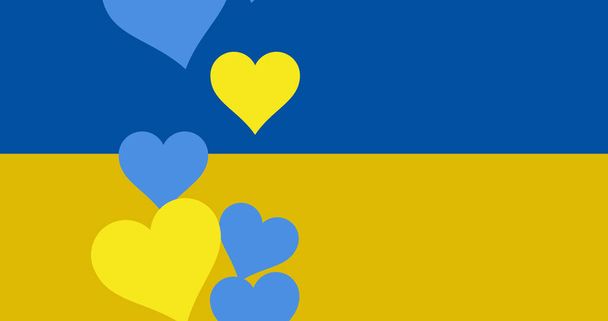 Image of hearts on blue and yellow ukraine flag background. ukraine crisis and international politics concept digitally generated image. - Zdjęcie, obraz