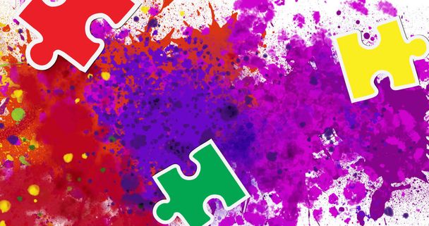 Image of colourful puzzle over colourful stains. creative month and celebration concept digitally generated image. - Foto, afbeelding