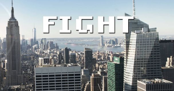 Image of fight text in white letters over cityscape background. image game, digital interface and communication concept digitally generated image. - Фото, изображение