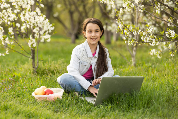 Маленькая девочка использует ноутбук на заднем дворе. Ребенок учится дома, делает уроки или учится онлайн. Концепция домашнего обучения - Фото, изображение
