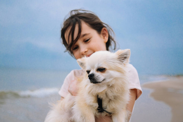 Happy girl hugging her little dog breed chihuahua at seashore against blue sky close up. Best friends rest and have fun on vacation. Summer concept - Foto, immagini