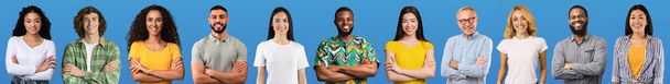 Web-banner with multiethnic team posing together on blue studio background, collection of photos of cheerful multiracial men and women different ages wearing comfortable casual outfits, collage - Photo, Image