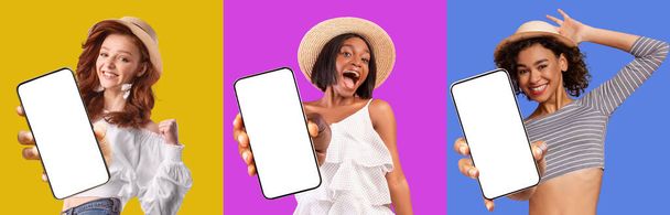 Happy multiethnic young women recommending nice mobile app for hotel, flight booking, showing brand new smartphones with white blank screens, colorful studio background, set of photos, collage - Photo, Image
