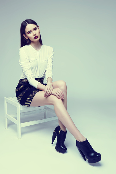 high fashion portrait of young elegant woman in black skirt and  - Photo, image