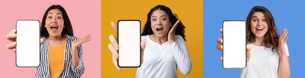 Набір привабливих емоційних багаторічних дам, що показують нові мобільні телефони з білими порожніми екранами і жестами над барвистими студійними фонами, макет, панорамою, колажем
 - Фото, зображення
