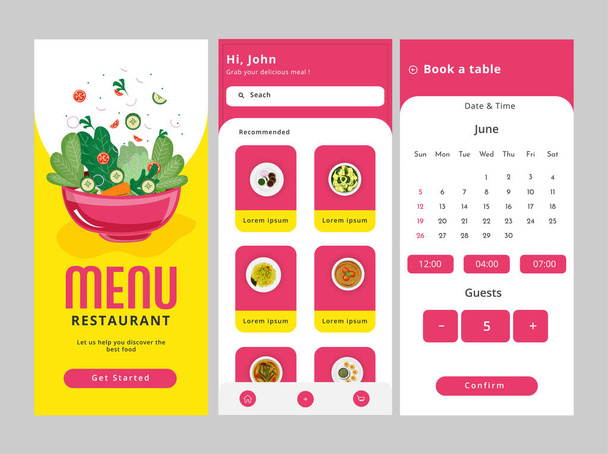 Set Of Mobile App UI, UX, GUI Screens Including Get Started, Book Table Template For Restaurant Menu Card. - Вектор, зображення