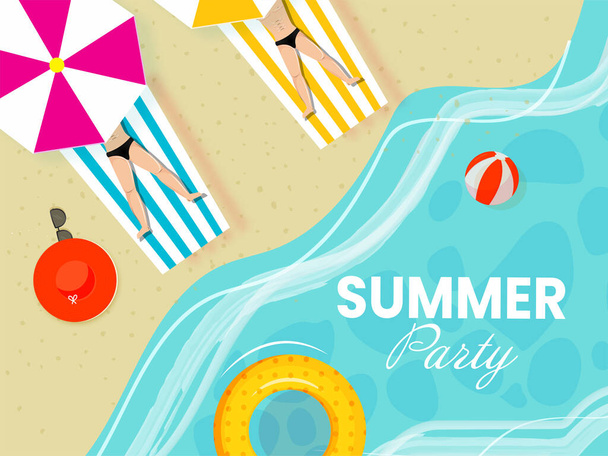 Summer Party Poster Design With Top View Of Human Lying At Sunbed, Umbrella And Swimming Ring On Beach View Background. - Vecteur, image