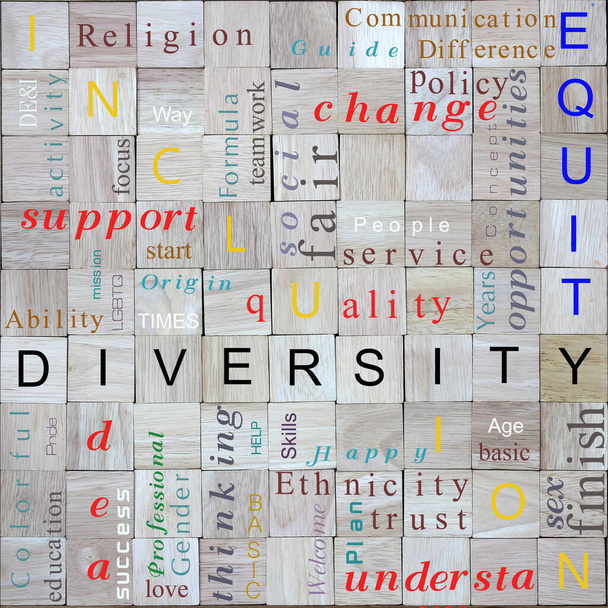 ποικιλομορφία, ισότητα, λέξη συμπερίληψης για την έννοια μπλοκ ξύλου DEI - Φωτογραφία, εικόνα