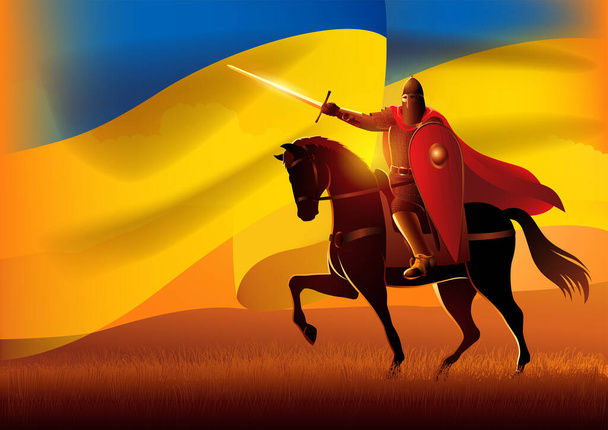 Ilustración vectorial del caballero eslavo medieval a caballo con la bandera de Ucrania como fondo - Vector, Imagen