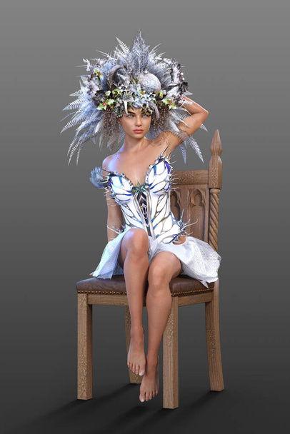 Зимова королева сидить на дерев'яному стільці з квітковою короною в білій спідниці і підручнику
. - Фото, зображення