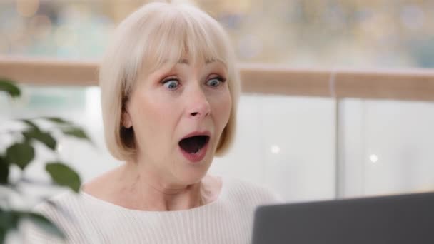 Starší emocionální šokované obchodnice ohromený žena při pohledu na obrazovce notebooku dostane nečekané oznámení čte e-mail s otevřenými ústy dobré zprávy dostane vzrušený říká, wow cítí radostné vzrušení - Záběry, video