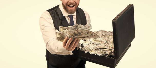 cropped happy man hold cafe with money isolated on white background, financial fraud. - Fotografie, Obrázek