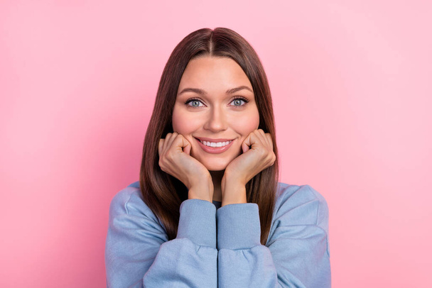 Portrait of attractive cheerful confident girl enjoying good mood isolated over pink pastel color background. - Φωτογραφία, εικόνα