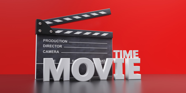 MOVIE TIME und Kinoszene clapperboard. Weißer Text und Schiefertafel auf rotem Hintergrund. Film- und Videoproduktion. 3D-Darstellung - Foto, Bild