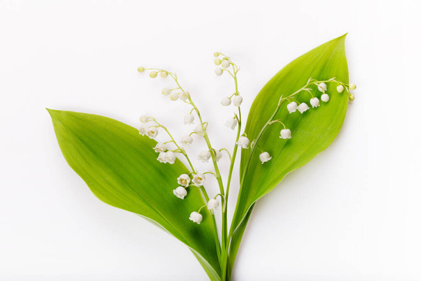 Delicate romantic bouquet of small white lilies of the valley on a white background. Pattern of small flowers of the may-lily. Top view, flat lay. March 8, mothers day background. - Foto, afbeelding