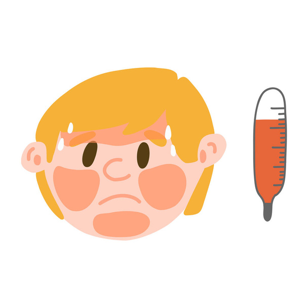 Hombre en fiebre con una alta temperatura en estilo plano de dibujos animados. Niño con síntoma de gripe, resfriado, virus con cara roja y termómetro aislado sobre fondo blanco. - Vector, Imagen