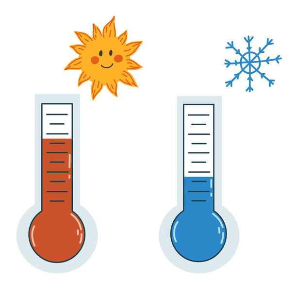 Ilustracja wektorowa z termometrami w płaskim stylu izolowane na białym. Ikony upałów i zimna pogoda, upały letnie, globalne ocieplenie, fale upałów, mrozy, spadki temperatury. - Wektor, obraz