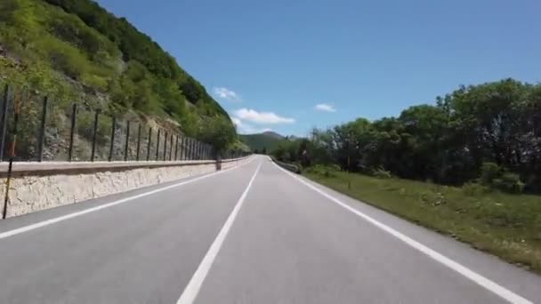 Vue en mouvement (voiture, moto ou vélo) d'un paysage montagneux au printemps - Séquence, vidéo
