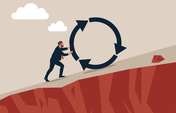 Entrepreneur pushing consistency circle symbol up hill with full effort. Consistency key to success, business strategy to repeatedly deliver work done, personal development or career growth. - Vector, imagen