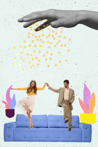 Contemporary art collage. Creative design. Young happy couple dancing, celebrating, having housewarming party. Mowing into new apartament. Concept of party, fun, enjoyment. Colorful art - Photo, image
