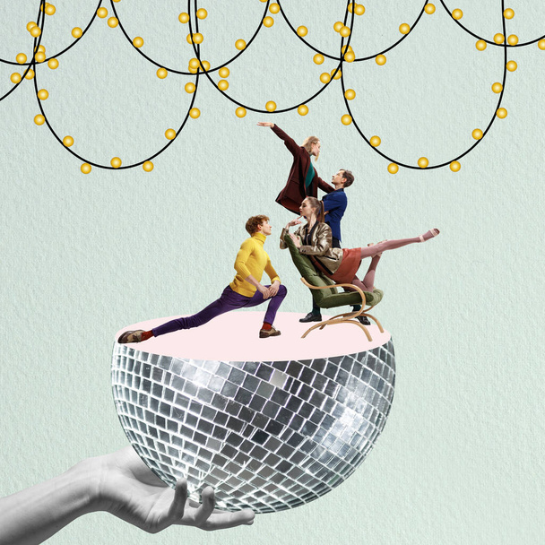 Contemporary art collage. Creative colorful design. Group of young people dancing on disco ball, having party, celebration. Stylish retro costumes. Concept of beauty, fashion, party time, meeting - Foto, Bild