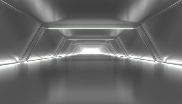 Abstract Futuristic corridor interior design. Future tunnel with light background. Spaceship sci-fi concept.3D rendering. - Photo, Image