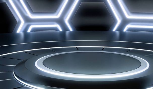 Футуристическая научно-фантастическая пустая сцена с шестиугольными неоновыми светящимися огнями. Аннотация. 3D рендеринг. - Фото, изображение
