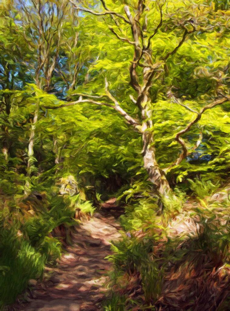 Parlak yeşil yapraklarla parıldayan büyük kayın ağaçları arasında dar bir patika olan ilkbahar ormanının dijital izlenimci stili resmi. - Fotoğraf, Görsel