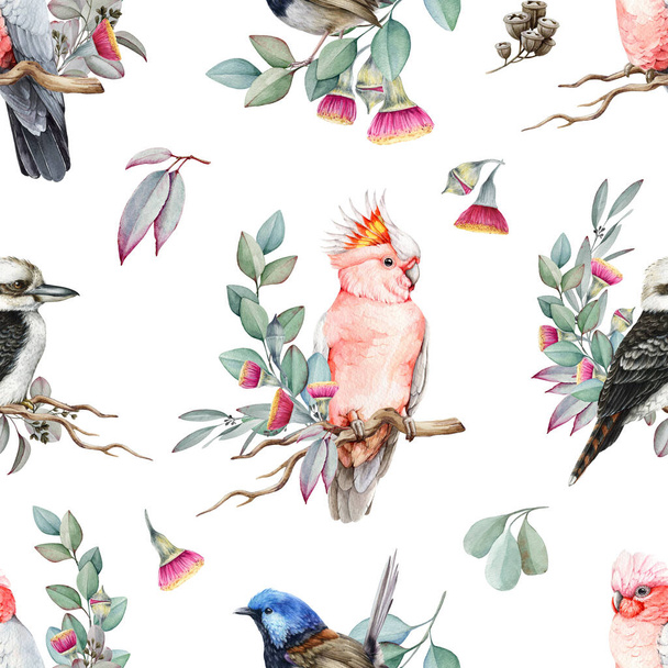 Tropical birds and eucalyptus leaves, flowers seamless pattern. Watercolor illustration. Hand drawn pink cockatoo, fairy wren, kookaburra Australia exotic birds seamless pattern. - Photo, Image