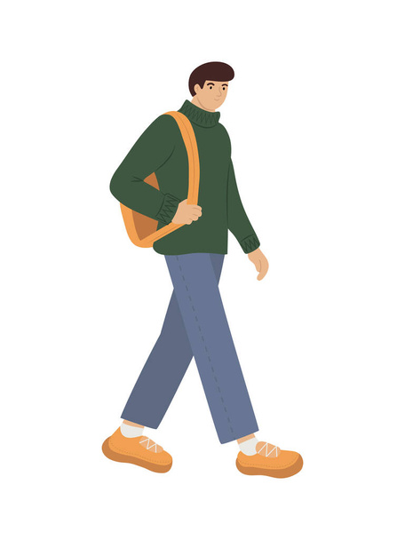 Joven dibujado a mano caminando con una mochila en estilo de ropa casual, ilustración vectorial aislada en estilo plano - Vector, Imagen