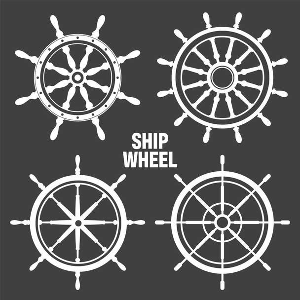 Collection of white vintage steering wheels. Ship, yacht retro wheel symbol. Nautical rudder icon. Marine design element. Vector illustration. - Vector, Imagen