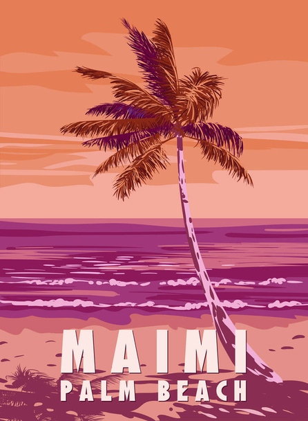 Cartel retro de Miami Palm Beach. Palma en la playa, costa, surf, océano. Ilustración vectorial estilo vintage aislado - Vector, imagen