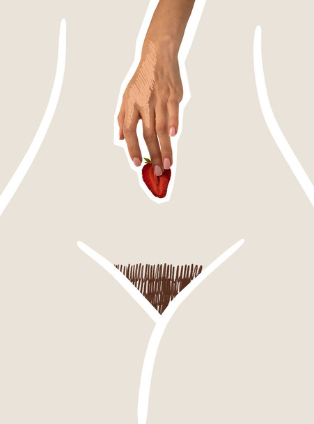 Contemporary art collage. Creative design. Line art. Drawn female body with strawberry element. Healthy eating. Femininity. Concept of womens heath care, medicine, treatment, lifestyle, motherhood - Photo, Image