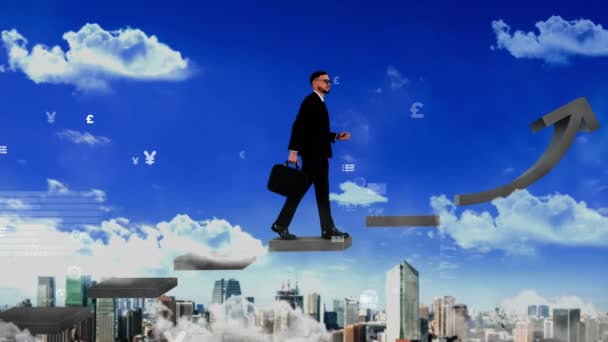 Business man climbing up stair steps to career success with business district and horizon skyline background. conceptual of business goal success, growth of career path and starting up a new business. - Footage, Video
