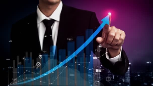 事業と財務の概念の二重露光画像-報告書を持つビジネスマンは、株式市場への投資の財務利益成長に進むまでのチャート. - 映像、動画