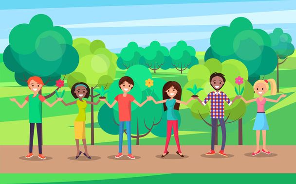 Happy people holding hands and celebrate international holiday world environment day vector on background of green trees, multinational men and women - Vektor, kép