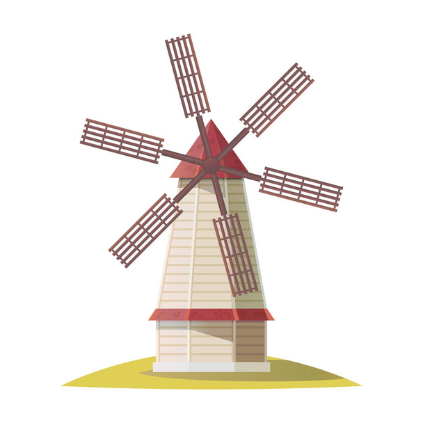 Windmill or mill, vector icon or clipart. Wooden structure with sails for grinding grain. Wind power industry, agricultural building. Vintage design. - Vector, Image