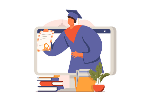 Distant learning web concept in flat design. Man student received diploma certificate and graduates from university or college. Online education and e-learning. Illustration with people scene - Photo, Image