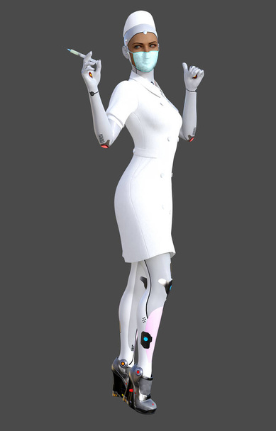 robotic nurse in a white uniform with syringe - Photo, Image