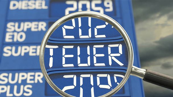 Szkło powiększające z myślą o wyświetlaniu cen na stacji benzynowej z niemieckim słowem "TEUER" ("WYDATKI") - Zdjęcie, obraz