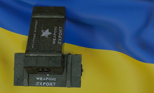 Υποστήριξη όπλα Ουκρανία πακέτο της στρατιωτικής βοήθειας, την παράδοση των όπλων, σημαία Ουκρανία 3D έργο και 3D εικόνα - Φωτογραφία, εικόνα