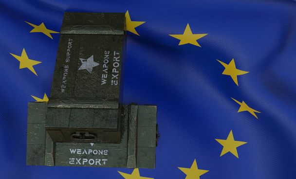 Support weapons Europe package of military aid, delivery of weapons, flag Europe 3D work and 3D image - Photo, Image