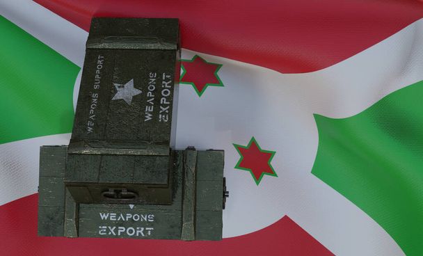 Υποστήριξη όπλων Μπουρούντι πακέτο στρατιωτικής βοήθειας, παράδοση όπλων, σημαία Μπουρούντι 3D έργο και 3D εικόνα - Φωτογραφία, εικόνα