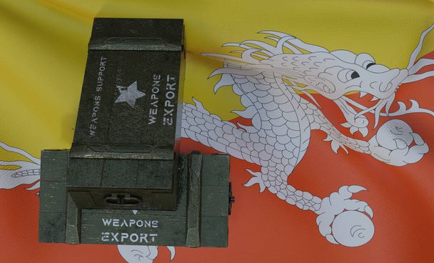 Поддержка оружия Бутан пакет военной помощи, поставка оружия, флаг Бутан 3D работы и 3D-изображение - Фото, изображение