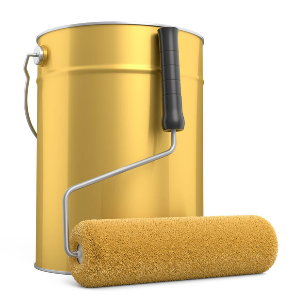 Open metal can or buckets with paint roller for painting walls on white background. 3d render of renovation concept and DIY repair in room - Foto, afbeelding