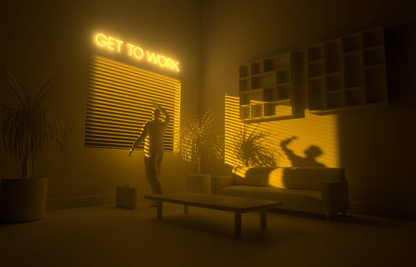 3D vykreslená ilustrace moderního díla z domácího bytu s nápisem GET TO WORK neon. - Fotografie, Obrázek