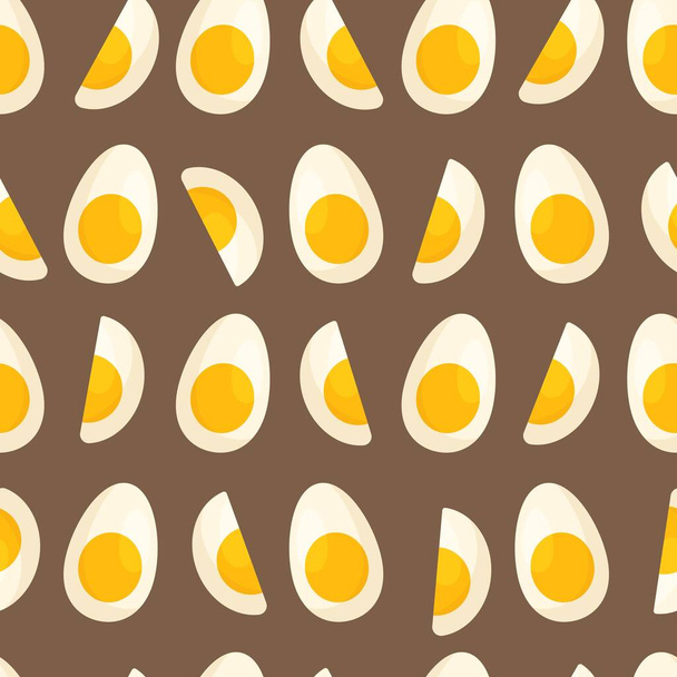 Pattern of boiled eggs isolated on a brown background. Vector illustration of cut, healthy eggs. Protein and yolk.   - Vector, Image