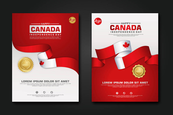 Set affiche design Canada heureux modèle de fond de fête de l'indépendance avec élégant drapeau en forme de ruban, ruban cercle d'or. illustration vectorielle - Vecteur, image