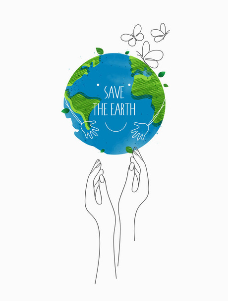 Environmentally friendly concept. eco with the globe, world map and hands for saving environment, save clean green planet, ecology concept. card for world earth day.  vector design. - Vector, imagen